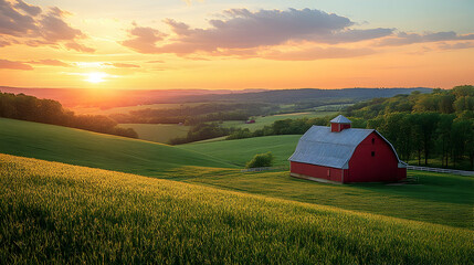 Sunset over red barn countryside landscape nature photography peaceful environment scenic viewpoint rural serenity