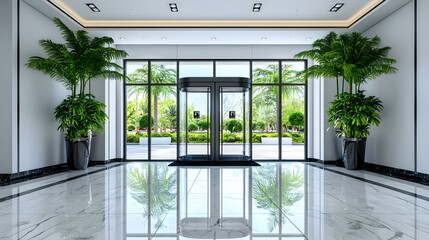 Fototapeta premium Chic Accessible Entryway, featuring a sleek design, automatic doors, welcoming ambiance, and functional layout for easy access.