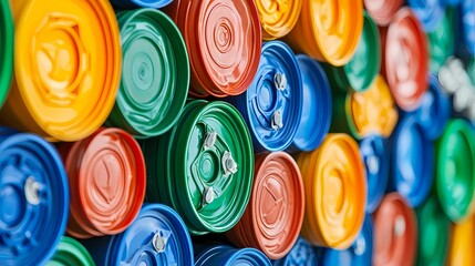 A vibrant display of colorful, stacked containers, showcasing a mix of green, blue, red, and yellow lids, emphasizing recycling and storage.