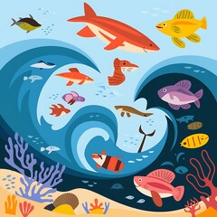 Obraz premium Colorful Ocean Life Swirling In Waves