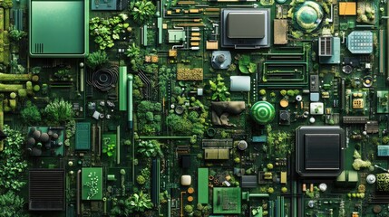 Fototapeta premium A mosaic of green tech inventions from different cultures and epochs, illustrating the history of sustainable innovation