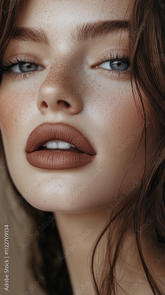 Poster lips adorned in a trendy mocha hue capture attention, showcasing a flawless complexion and a radiant