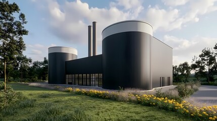 A modern industrial building surrounded by greenery, featuring cylindrical structures and large windows, set against a cloudy sky.