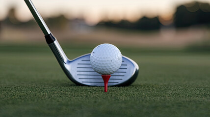 Golf Scene with Ball on Tee Ready to Be Hit, Shiny Reflective Club Head Poised for Strike, Blurred Background Emphasizing Foreground, Soft Early Morning or Late Afternoon Lighting for Serene Atmospher