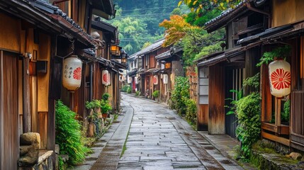 Fototapeta premium A narrow alley in a traditional Japanese town,