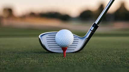 Golf Scene with Ball on Tee Ready to Be Hit, Shiny Reflective Club Head Poised for Strike, Blurred Background Emphasizing Foreground, Soft Early Morning or Late Afternoon Lighting for Serene Atmospher