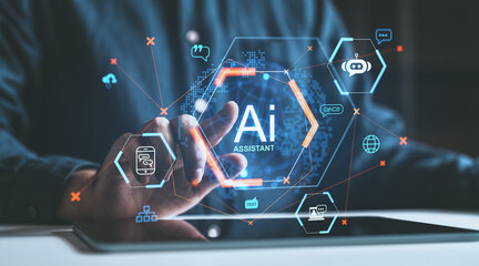 Interactive holographic interface depicting AI assistant features on a digital screen in a futuristic style.