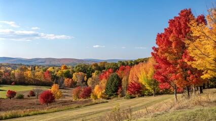 Obraz premium autumnal landscape with trees against blue sky, sunlight, peaceful