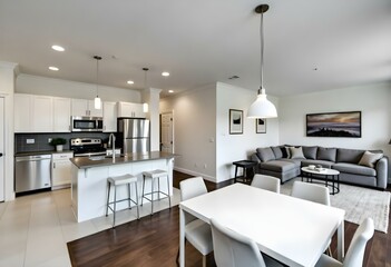 Fototapeta premium A modern and spacious open-concept living room and kitchen area. The room features white cabinets, stainless steel appliances, a large island with bar stools , and a cozy living room area with a grey.