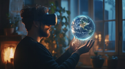 Fototapeta premium Virtual reality digital technology concept. Man wearing 3d VR headset glasses looks up, holds the globe in his hands of digital world. Virtual reality, Augmented reality or AR in metaverse simulation