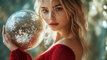 Naklejka premium woman holding a glass disco ball