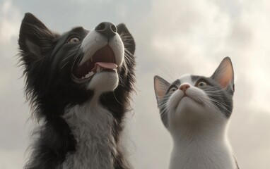Obraz premium A dog and a cat are standing next to each other, looking at the camera
