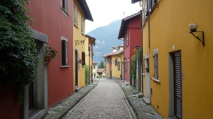 Fototapeta premium A narrow street with houses on both sides and a cobblestone road. The houses are yellow and red