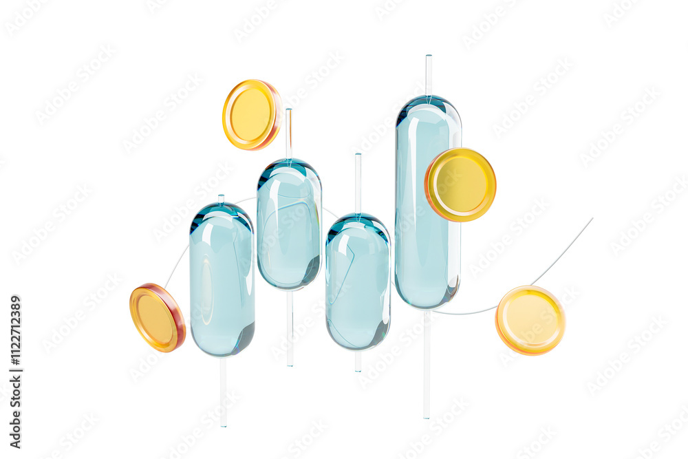 Poster abstract 3d chart representation with transparent capsules and golden coins on white background. 3d 