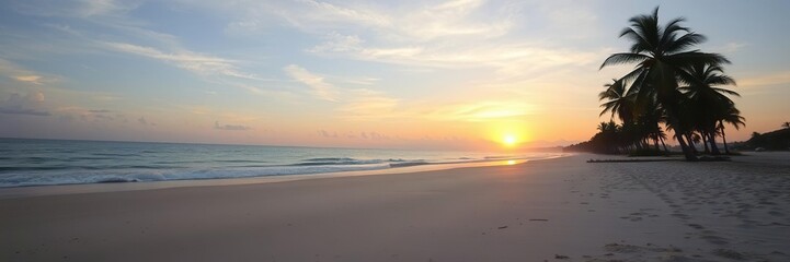 Obraz premium Beach at sunrise with sandy shore and palm trees, sandy shores, serene landscape, outdoor scenery