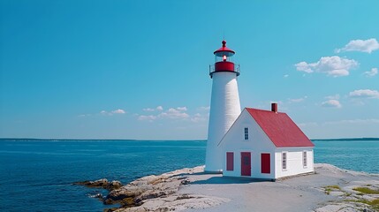 Fototapeta premium New England Lighthouse at Sunset, A classic lighthouse stands tall on a rugged coastline, waves crashing against the rocks, warm sunset hues enveloping the scene.