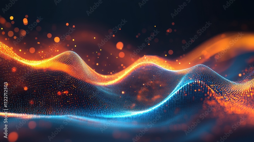 Poster abstract technology design with flowing circuits and glowing data points.