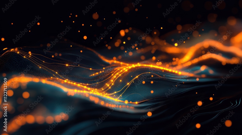 Poster abstract technology design with flowing circuits and glowing data points.