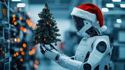 Holiday spirit robot adorns mini christmas tree in warehouse environment