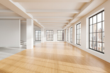 Obraz premium Modern empty loft space with large windows and wooden flooring. 3D Rendering