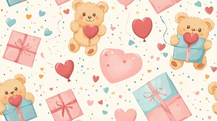 Cute Teddy Bears Hearts Gifts Seamless Pattern Valentine s Day Background
