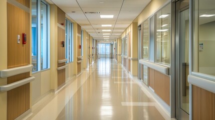 Blurred corridor in healthcare settings, ideal for patient-focused branding campaigns.