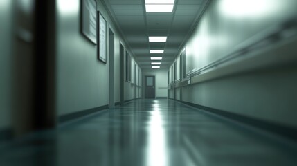 Obraz premium Blurred hospital corridor with clean lines and bright lighting for professional visuals.
