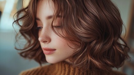 Naklejka premium Close-up view features a young woman showcasing trendy mocha hair colors in a relaxing environment, emphasizing her chic style and gentle features