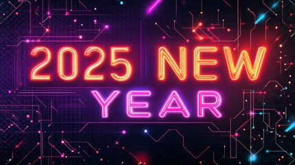 Obraz premium Happy New Year 2025 isometric banner in technology style. Ai holidays new year vector background. Happy holiday high tech design. Neon lamp text of 2025 NEW YEAR.