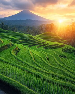 Lush green rice terraces with a mountain backdrop at sunset.