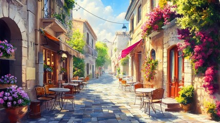 Fototapeta premium a painting of a street with tables and chairs on the side of the street and a building with flowers on the side of the street.
