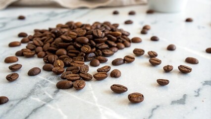 Obraz premium coffee beans scattered on a marble countertop, elegant atmosphere, clean lines, marble finish, sophisticated feel, modern decor