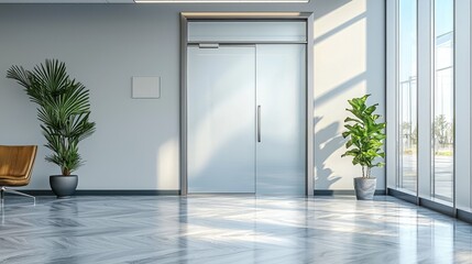 Fototapeta premium Modern Interior with Plants and Glass Doors in Bright Lobby Space