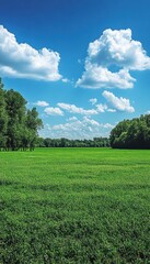 Obraz premium A serene landscape featuring a lush green field under a bright blue sky with clouds.