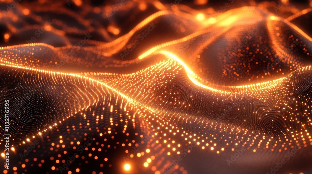Poster futuristic particle mesh background with glowing nodes and flowing connections.