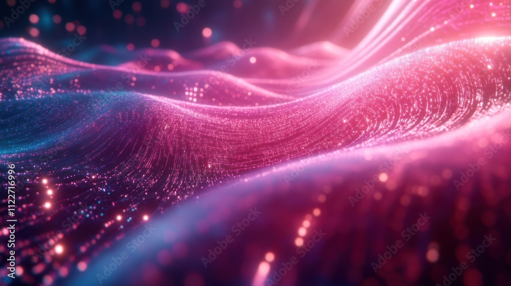Poster futuristic particle mesh background with glowing nodes and flowing connections.