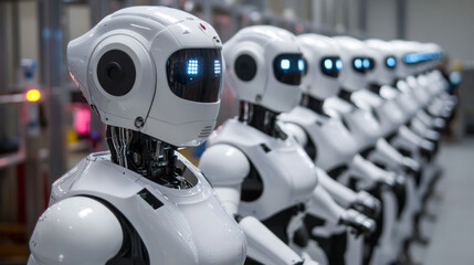 Fototapeta premium AI management work robots on factory. Humanoid robot with artificial intelligence or AI controls robotics arms on factory or manufacture. Industry 4.0. AI technology in industrial revolution. Concept