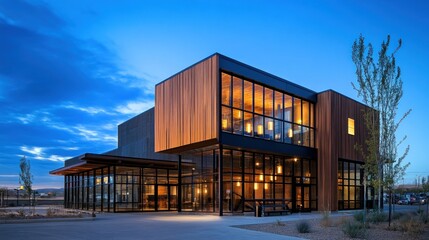 Obraz premium Modern wood and glass building at dusk.