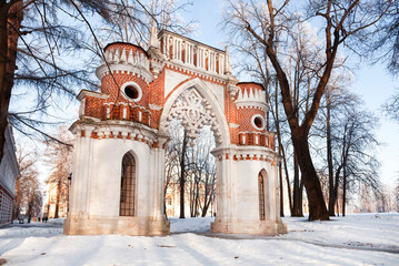 Figured (Grape) gates in the palace and park ensemble Tsaritsyno in winter. Moscow, Russia