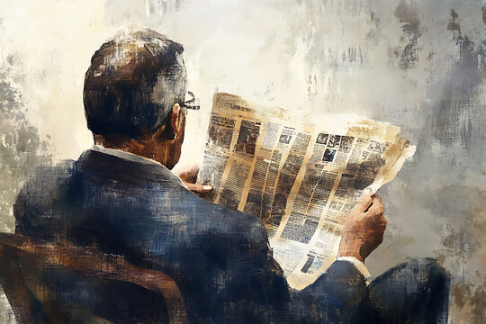 A man seated, reading a newspaper, immersed in thought against a textured background.