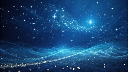 Dark blue background with swirling glow particles and stardust, glowing particles, cosmic debris, celestial dust