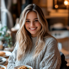 Obraz premium Pregnant woman eating a meal. AI generative.