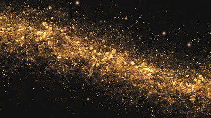 Fototapeta premium Mesmerizing Golden Particles in Motion Against Black Background, Dynamic Shimmering Effect with Dense Center Gradually Dispersing Outwards, Elegant and Luxurious Atmosphere, Starry Night 