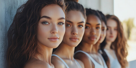 Fototapeta premium Happy positive cool diverse young women, four smiling multiethnic beauty faces models gen z girls friends group in underwear bras hugging laughing isolated on beige background, portrait. 