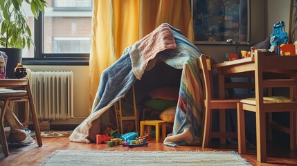 A Photo Of A ChildÃ¢â‚¬â„¢s Fort Made From Blankets And Chairs With Toys Inside