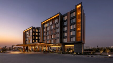 Modern hotel building at dusk, showcasing architectural design and exterior lighting.