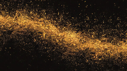 Mesmerizing Golden Particles in Motion Against Black Background, Dynamic Shimmering Effect with Dense Center Gradually Dispersing Outwards, Elegant and Luxurious Atmosphere, Starry Night 