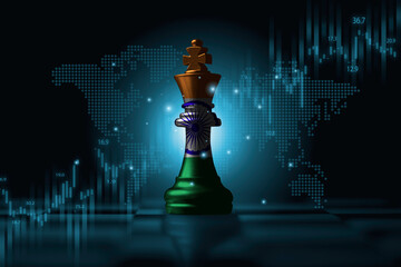 India flag print screen on king chess with stock market graph chart for India country is leadership for economic growth and financial investment of South Asia concept.
