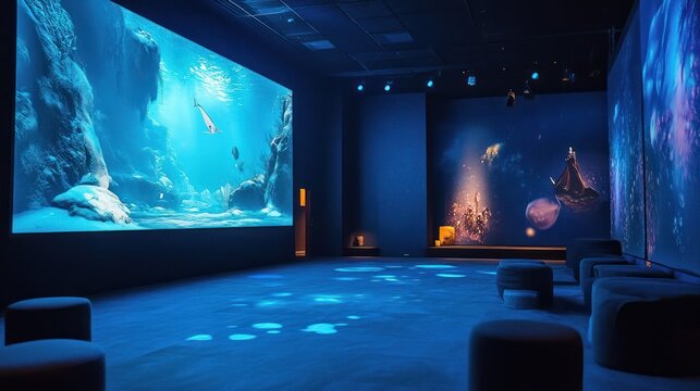 Immersive storytelling setups in event spaces, blending visuals and narrative for engagement.