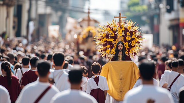 Black Nazarene procession in Manila City, thousands of Catholics dressed in white and dark red, Black Nazarene statue decorated with flowers, Ai generated images
